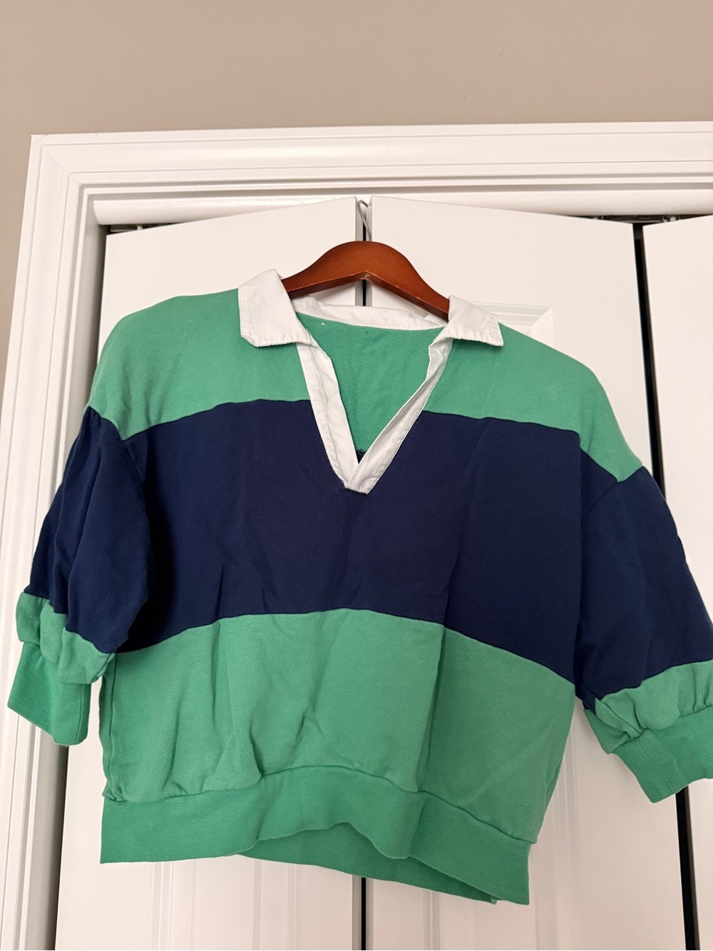 Women's Striped Rugby Tee with Contrast Collar - Green & Navy